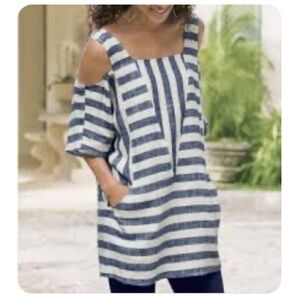 Soft Surroundings Navy and Cream Sunset Stripe Linen Blend Cold Shoulder Top